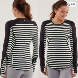 Lululemon Athletica Striped‎ Long Sleeve Top Thumbholes Zipper Pocket Women